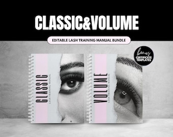 Könnte beinhalten: Zwei spiralgebundene Schulungshandbücher mit den Titeln CLASSIC LASH TRAINING MANUAL und VOLUME LASH TRAINING MANUAL. Die Einbände zeigen schwarz-weiße Nahaufnahmen von Augen mit Wimpernverlängerungen, rosa Akzente und ein Bonus-Zertifikat.