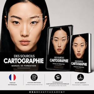 Pode incluir: Um manual de formação intitulado DES SOURCILS CARTOGRAPHIE MANUEL DE FORMATION com o retrato de uma pessoa com linhas geométricas brancas de mapeamento de sobrancelhas no rosto. O conjunto inclui um tablet e um livro físico.