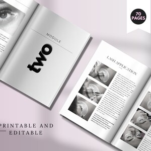May include: An instructional manual titled Module Two featuring 70 pages of eyelash extension training content. The pages include black and white photographs of lash application techniques, detailed text instructions, and a printable, editable format.