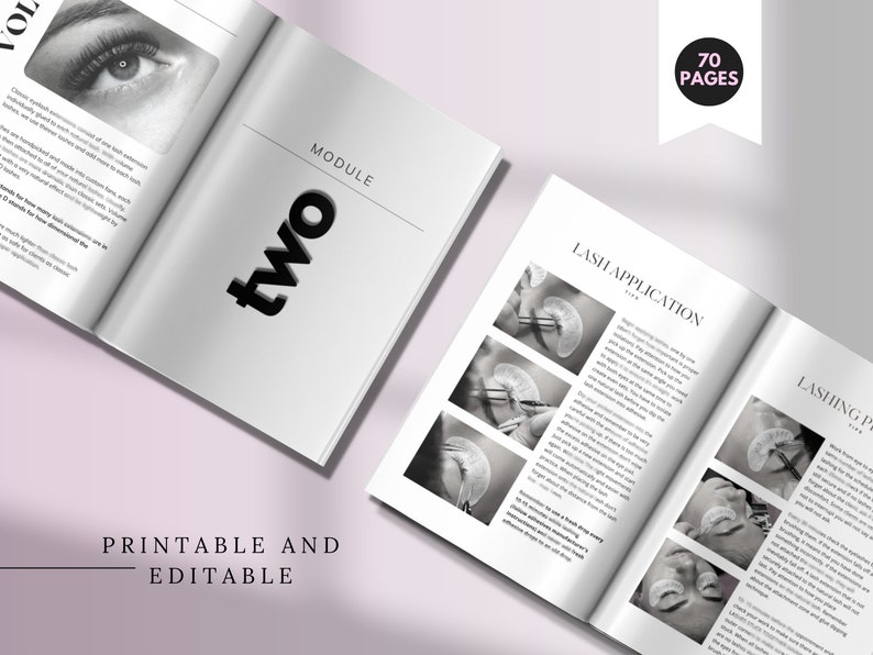May include: An instructional manual titled Module Two featuring 70 pages of eyelash extension training content. The pages include black and white photographs of lash application techniques, detailed text instructions, and a printable, editable format.