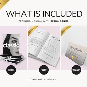 May include: A training manual set featuring a stack of booklets with the word classic on the cover, an open booklet with consent forms for eyelash extensions, and a certificate of completion template with a gold seal, all labeled DDABEAUTYACADEMY.