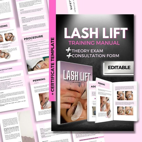 Lash Lift Training Manual, Editable Lift and Tint Trainers Guide,Theory Exam,Certificate Template,Printable,Teach,PDF Ebook, Lash Lifting