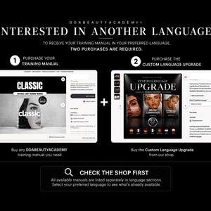 May include: An instructional graphic titled INTERESTED IN ANOTHER LANGUAGE? detailing a two-step process to purchase a training manual and a custom language upgrade. It features two product listing mockups, icons, and text instructions on a black background.