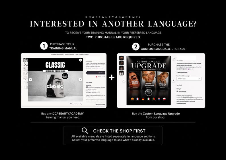 May include: An instructional graphic titled INTERESTED IN ANOTHER LANGUAGE? detailing a two-step process to purchase a training manual and a custom language upgrade. It features two product listing mockups, icons, and text instructions on a black background.