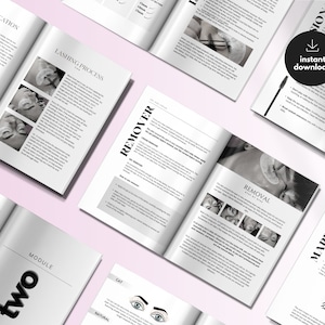 May include: A collection of open instructional booklets with black and white text and diagrams detailing eyelash extension application, lashing processes, remover usage, and lash mapping. A circular black icon with a white arrow reads instant download.