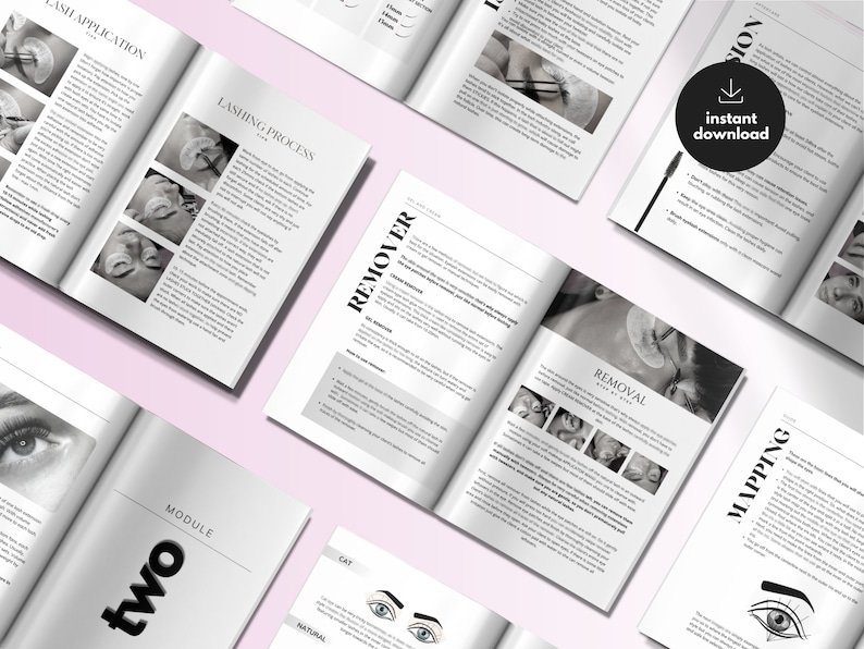 May include: A collection of open instructional booklets with black and white text and diagrams detailing eyelash extension application, lashing processes, remover usage, and lash mapping. A circular black icon with a white arrow reads instant download.