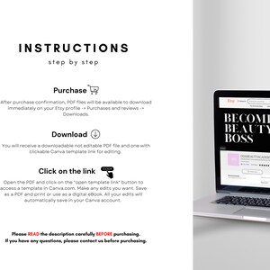 May include: A digital instruction guide for a Canva template featuring the text INSTRUCTIONS step by step, Purchase, Download, and Click on the link. A laptop screen displays an Etsy shop page with the text BECOME A BEAUTY BOSS.