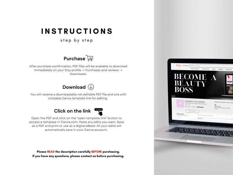 May include: A digital instruction guide for a Canva template featuring the text INSTRUCTIONS step by step, Purchase, Download, and Click on the link. A laptop screen displays an Etsy shop page with the text BECOME A BEAUTY BOSS.