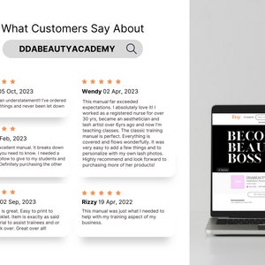May include: A digital display showing customer reviews for DDABEAUTYACADEMY with five-star ratings and text feedback, alongside a laptop screen showing an Etsy shop page with the bold text BECOME A BEAUTY BOSS and the shop name DDABEAUTYACADEMY.