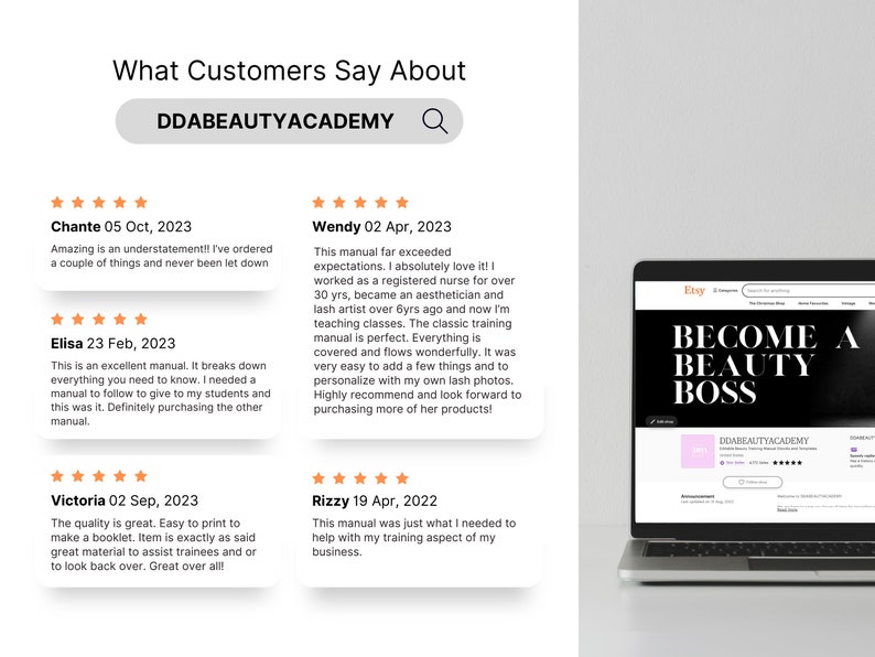 May include: A digital display showing customer reviews for DDABEAUTYACADEMY with five-star ratings and text feedback, alongside a laptop screen showing an Etsy shop page with the bold text BECOME A BEAUTY BOSS and the shop name DDABEAUTYACADEMY.