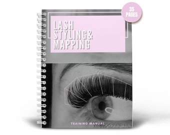 May include: A spiral-bound training manual titled Lash Styling & Mapping with a pink rectangular header and a black and white close-up photograph of an eye with lash mapping lines. A circular pink badge in the corner indicates 35 pages.