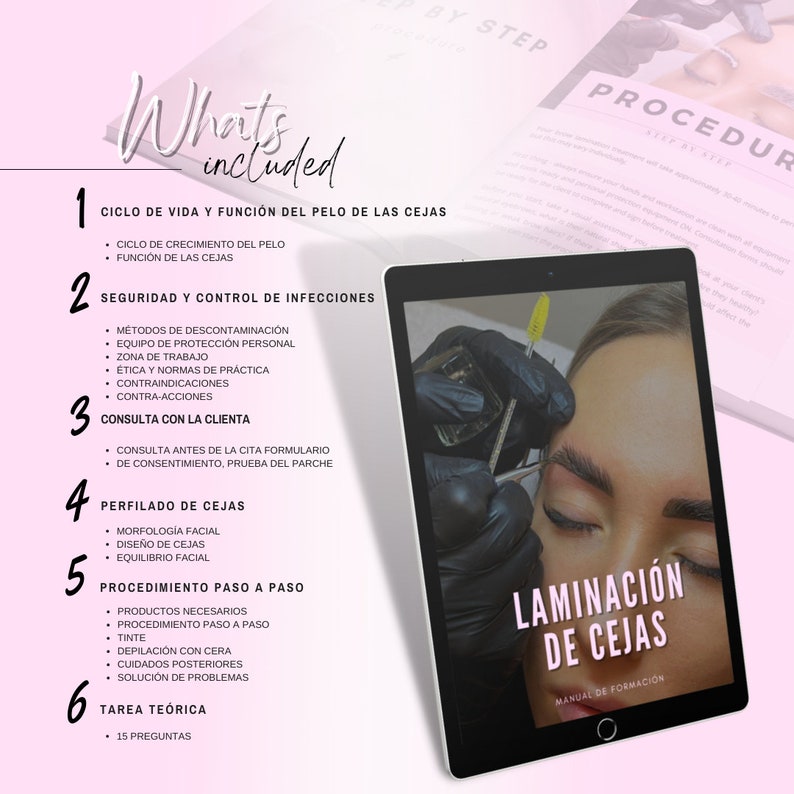 Spanish Brow Lamination and Lash Lift Tint Training Manual. Editable