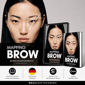Könnte beinhalten: Ein digitales Tablet und ein gedrucktes Buch mit dem Titel MAPPING BROW SCHULUNGSHANDBUCH, die ein Gesicht mit weißen Augenbrauen-Mapping-Linien zeigen. Die Grafik enthält Symbole für ein professionelles Handbuch, deutsche Version und Canva.