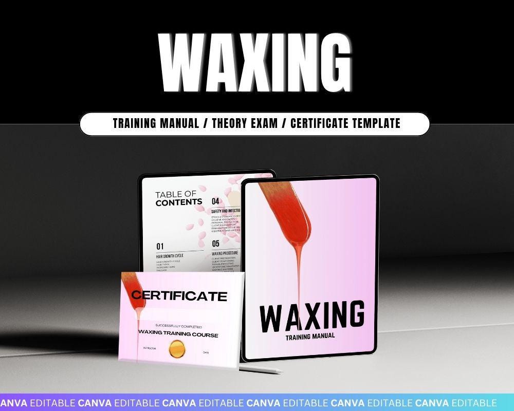 Waxing Training Manual – Editable Waxing eBook with Theory Exam,Hard & Soft Wax Hair Removal Guide | Certificate Template, Face Wax,Body Wax