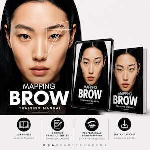 Puede incluir: Un manual de formación de mapeo de cejas titulado MAPPING BROW TRAINING MANUAL que muestra un rostro con líneas geométricas blancas. Incluye iconos para 30+ páginas, 4 hojas de práctica adicionales, métodos profesionales y acceso instantáneo.