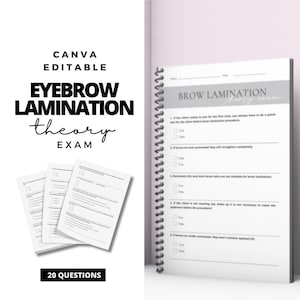 Stirnlaminierung Schüler-Theorieprüfung zur Zertifizierung. Bearbeitbarer Augenbrauen-Laminierungstest für Trainer. Anfänger. Lerne. Lehren. Druckbar