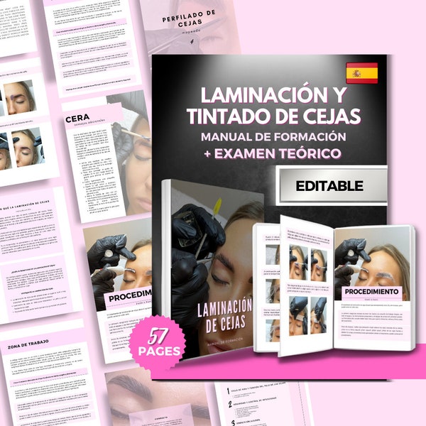 Manual de entrenamiento en laminación de cejas en español. Laminación y tinte de cejas, Guía de cera para estudiantes. Plantilla de libro electrónico editable. Examen teórico.