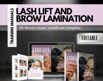 May include: A set of editable training manuals for lash lift and brow lamination, including two theory exam and certificate templates. The manuals feature black text on white backgrounds, with imagery of professional lash and brow procedures.