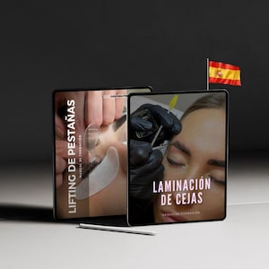 May include: Two tablets displaying beauty training guides. One shows "Lifting de Pestañas" and the other "Laminación de Cejas." A small Spanish flag is placed nearby. The image features a dark background and a stylus.