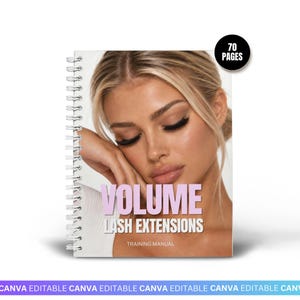 Op de afbeelding: Een spiraalgebonden trainingshandleiding getiteld Volume Lash Extensions met 70 pagina's. De omslag bevat een foto van een persoon met lange donkere wimpers, met de tekst Volume in grote lichtroze letters en Lash Extensions eronder.