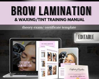 Manual de laminación de cejas, guía de capacitación editable sobre laminación de cejas con cera y tinte, plantilla de certificado, examen teórico, tratamiento de depilación de cejas con cera.