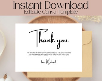 Editable Birthday Thank You Card, DIY Party Thank You, Minimalistic Thank You Card, Canva Template, Digital Download