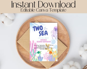 Editable Under The Sea Invitation, Two The Sea Birthday Invitation, Ocean Theme Birthday, 2nd Birthday Invitation Template, Second Birthday