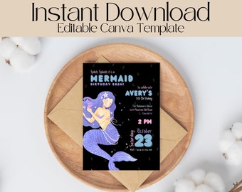 Mermaid Birthday Invitation Template, Splish Splash Magical Invite, Editable Girls Magical Party, Under The Sea Invitation, Birthday Evite