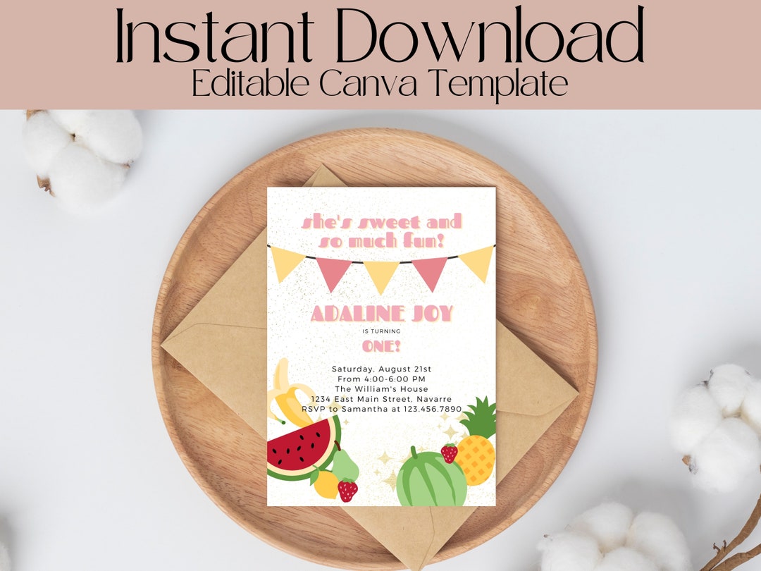 Fruit Birthday Party Invitation, Digital Download First Birthday Invite