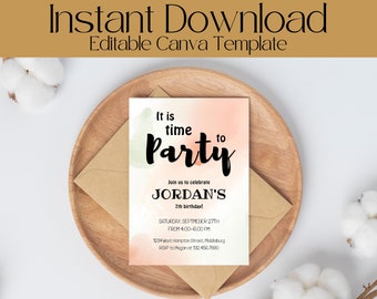 It's Time To Party, Digital Watercolor Birthday Invite, Editable Kids Party Invitation Template, Printable Any Age Invitation, Party Evite