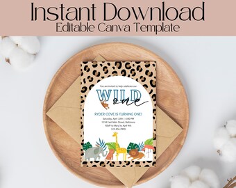 Editable Safari Birthday Invitation, Printable Wild One Party Invitation, Wild Theme Birthday Party, First Birthday Evite, Safari Party