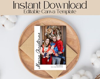 Merry Christmas Photo Card Template, Editable Family Holiday Card, Printable Photo Christmas Greeting Card, DIY Holiday Card, Xmas Photo