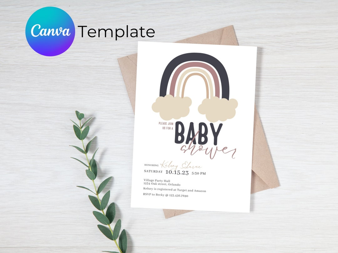 Printable Rainbow Baby Shower Invite, Girl Baby Shower Canva Template ...