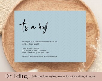 It's A Boy Shower Invite, Minimalist Boy Shower Invitation Template, Modern Baby Boy Shower, Digital Printable Baby Shower Card Template