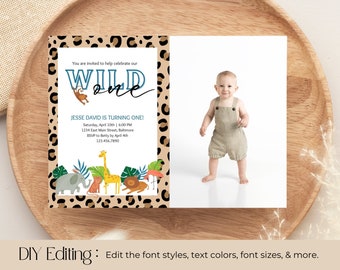 Wild One Birthday Invitation Template, Printable Safari Invitation, Jungle Birthday Evite, Editable Photo Birthday Invite, 1st Birthday