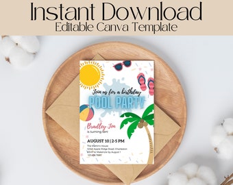 Printable Pool Party Birthday Invite, Summer Kids Birthday Invitation, Editable Swim Party Invitation, Birthday Evite Template, Electronic