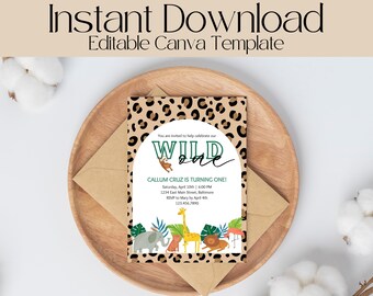 Safari Wild One Invitation, Jungle Birthday Invitation Template, Digital Jungle Invitation, Wild One Evite, Wild Theme Birthday Party, Canva