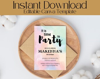 Time To Party Invitation, Kids Birthday Party Evite, Ombre Party Invite, Any Age Invitation, Printable Watercolor Invitation Canva Template