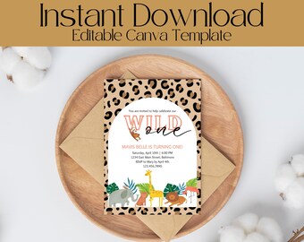 Safari Birthday Party Invitation Template, Digital Jungle Invitation, Wild One Party Invite, Safari 1st Birthday, Editable Wild One Evite