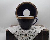 LFZ Vintage Soviet Tea Cup Saucer Imperial Porcelain Lomonosov LFZ Cobalt Gold Flowers Imperial Russian Porcelain Soviet Tea Duo