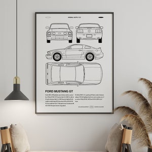 FORD MUSTANG GT - Minimalist Car Poster, Car Plan, Sports Car, Wall Decor, Wall Art, Exclusive Print, Blueprint, Muscle Car