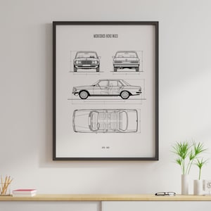 Merced W123 - 1976 - 1985 - Minimalistisches Auto Poster, Auto Plan, Vintage Car, Wanddeko, Wandkunst