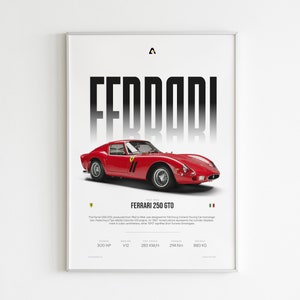 FERRARI 250 GTO / Póster de coche italiano / Póster de Ferrari / Regalos para él / Póster para entusiastas de los coches / Arte mural de Ferrari / Lienzo de coches antiguos