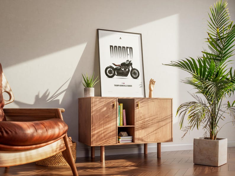 May include: A framed poster with a motorcycle illustration, titled "DODDER," rests on a wooden cabinet. The cabinet has two doors and a central open shelf with books. A potted plant and a wooden hand sculpture are also on the cabinet.