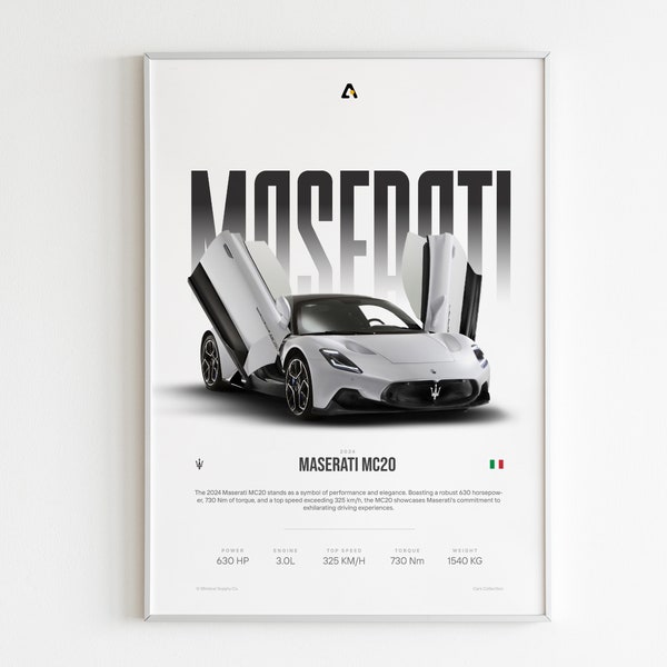 MASERATI MC20 Poster | Sports Car Poster | Car Wall Art | Exotic Car Print | Man Cave Decor | Garage Art | Room Decor