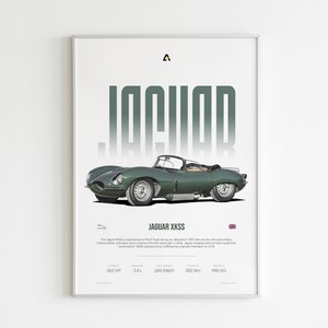JAGUAR XKSS / Póster de coche retro / Arte mural de Jaguar / Impresión de Jaguar vintage / Lienzo de coche de rally / Regalos para él / Coche clásico XKSS