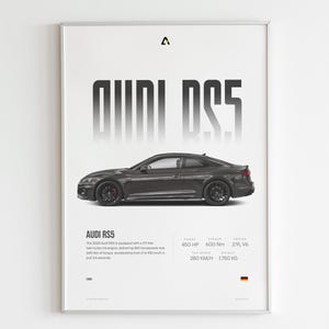May include: A poster featuring a black Audi RS5 with the text "AUDI RS5" in a bold, black font. The poster also includes the car's specifications: 450 HP, 600 Nm, 2.9L V6, 280 KM/H, and 1750 KG.