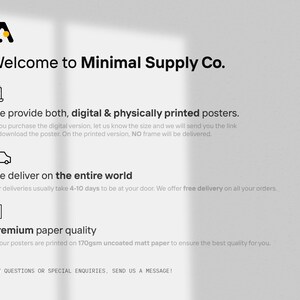 Może przedstawiać: Białe tło z tekstem i logo Minimal Supply Co. Tekst brzmi: &bdquo;Witamy w Minimal Supply Co.&rdquo; i &bdquo;Dostarczamy zar&oacute;wno cyfrowe, jak i drukowane plakaty&rdquo;. Dodatkowy tekst opisuje dostawę i jakość papieru.