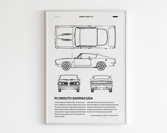 May include: Black and white line drawing of a Plymouth Barracuda car. The drawing shows the car from different angles, including the top, side, front, and rear. The text "Plymouth Barracuda" is printed below the drawing, along with a brief description of the car's history and features.