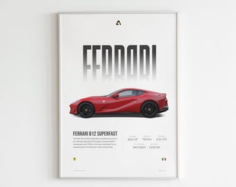 May include: A poster featuring a red Ferrari 812 Superfast sports car. The poster includes the car's name, horsepower, torque, engine size, top speed, and weight. The poster also includes the Ferrari logo and the Italian flag.